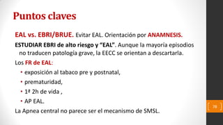 Puntos claves
EAL vs. EBRI/BRUE. Evitar EAL. Orientación por ANAMNESIS.
ESTUDIAR EBRI de alto riesgo y “EAL”. Aunque la mayoría episodios
no traducen patología grave, la EECC se orientan a descartarla.
Los FR de EAL:
• exposición al tabaco pre y postnatal,
• prematuridad,
• 1ª 2h de vida ,
• AP EAL.
La Apnea central no parece ser el mecanismo de SMSL.
78
 