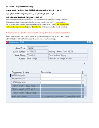 To create a suppression activity:
‫الموجوده‬ ‫الصيانه‬ ‫من‬ ‫تانى‬ ‫نوع‬ ‫بيشمل‬ ‫شامل‬ ‫نشاط‬ ‫منهم‬ ‫صيانه‬ ‫نشاط‬ ‫من‬ ‫اكتر‬ ‫عندى‬ ‫ان‬ ‫حاله‬ ‫فى‬
‫الزيت‬ ‫بتغيير‬ ‫الخاصه‬ ‫الصيانه‬ ‫بتتضمن‬ ‫العامه‬ ‫الصيانه‬ ‫على‬ ‫اقوله‬ ‫اقدر‬ ‫دى‬ ‫الحاله‬ ‫ففى‬
‫الزيت‬ ‫بتغيير‬ ‫الخاص‬ ‫للنشاط‬ ‫اخماد‬ ‫اعمل‬ ‫محتاج‬ ‫دى‬ ‫الحاله‬ ‫ففى‬
You can suppress other activities with thecurrent activity in thescheduling definition.
You can enter suppression activities for an asset number and activity combination.
: Oil Change (to be
activities associated with a Truck 01 asset
For example, thereare two
(to be performed every 12 months).
Major Service
, and
performed every five months)
A major serviceon a Truck 01 includes an Oil Change. Therefore, a suppression definition
needs to be defined; theactivity,Major Service,suppresses thechild activity,Oil Change
1. From the PreventiveMaintenanceSchedules window,choose Supp.
 