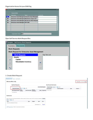 OrganizationAccessforyourEAMOrg
OpenSelf Service WorkRequestRes.
1- Create Work Request
 