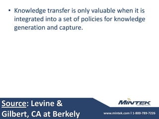 Source: Levine & Gilbert, CA at BerkelyKnowledge transfer is only valuable when it is integrated into a set of policies for knowledge generation and capture.