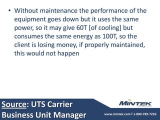 Source: UTS Carrier Business Unit ManagerWithout maintenance the performance of the equipment goes down but it uses the same power, so it may give 60T [of cooling] but consumes the same energy as 100T, so the client is losing money, if properly maintained, this would not happen