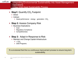 Integrating Environmental Sustainability into Asset Management
         Operations
         3 Step EAM Asset Sustainability Process

      Step1: Quantify CO2 Footprint
        Direct
        Indirect
            Asset performance : energy : generation : CO2

      Step 2: Assess Company Risk
        Business Implications
            Cost
            Regulatory Compliance
            Competitiveness


      Step 3: Adapt in Response to Risk
        Maintain and Change Capital Infrastructure
          < CO2
            GAS Programs



     It is envisioned that this is a continuous improvement process to ensure long term
                                                        sustainability.

48       Copyright © 2001-2008 Infor Global Solutions
 
