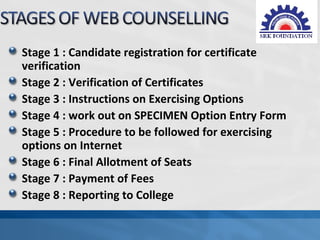 Stage 1 : Candidate registration for certificate
verification
Stage 2 : Verification of Certificates
Stage 3 : Instructions on Exercising Options
Stage 4 : work out on SPECIMEN Option Entry Form
Stage 5 : Procedure to be followed for exercising
options on Internet
Stage 6 : Final Allotment of Seats
Stage 7 : Payment of Fees
Stage 8 : Reporting to College
 
