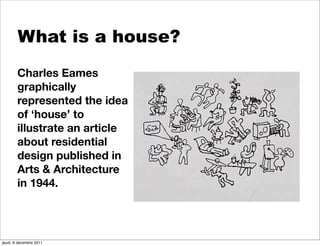 What is a house?
        Charles Eames
        graphically
        represented the idea
        of ‘house’ to
        illustrate an article
        about residential
        design published in
        Arts & Architecture
        in 1944.




jeudi, 8 décembre 2011
 