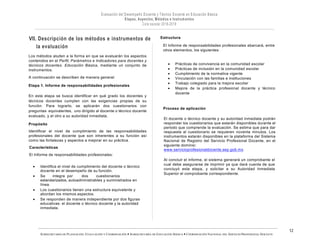 SUBSECRETARÍA DE PLANEACIÓN, EVALUACIÓN Y COORDINACIÓN — SUBSECRETARÍA DE EDUCACIÓN BÁSICA — COORDINACIÓN NACIONAL DEL SERVICIO PROFESIONAL DOCENTE
12
VII. Descripción de los métodos e instrumentos de
la evaluación
Los métodos aluden a la forma en que se evaluarán los aspectos
contenidos en el Perfil, Parámetros e Indicadores para docentes y
técnicos docentes. Educación Básica, mediante un conjunto de
instrumentos.
A continuación se describen de manera general:
Etapa 1. Informe de responsabilidades profesionales
En esta etapa se busca identificar en qué grado los docentes y
técnicos docentes cumplen con las exigencias propias de su
función. Para lograrlo, se aplicarán dos cuestionarios con
preguntas equivalentes, uno dirigido al docente o técnico docente
evaluado, y el otro a su autoridad inmediata.
Propósito
Identificar el nivel de cumplimiento de las responsabilidades
profesionales del docente que son inherentes a su función así
como las fortalezas y aspectos a mejorar en su práctica.
Características
El Informe de responsabilidades profesionales:
• Identifica el nivel de cumplimiento del docente o técnico
docente en el desempeño de su función.
• Se integra por dos cuestionarios
estandarizados, autoadministrables y suministrados en
línea.
• Los cuestionarios tienen una estructura equivalente y
abordan los mismos aspectos.
• Se responden de manera independiente por dos figuras
educativas: el docente o técnico docente y la autoridad
inmediata.
Estructura
El Informe de responsabilidades profesionales abarcará, entre
otros elementos, los siguientes:
• Prácticas de convivencia en la comunidad escolar
• Prácticas de inclusión en la comunidad escolar
• Cumplimiento de la normativa vigente
• Vinculación con las familias e instituciones
• Trabajo colegiado para la mejora escolar
• Mejora de la práctica profesional docente y técnico
docente
Proceso de aplicación
El docente o técnico docente y su autoridad inmediata podrán
responder los cuestionarios que estarán disponibles durante el
periodo que comprende la evaluación. Se estima que para dar
respuesta al cuestionario se requieren noventa minutos. Los
instrumentos estarán disponibles en la plataforma del Sistema
Nacional de Registro del Servicio Profesional Docente, en el
siguiente dominio:
www.servicioprofesionaldocente.sep.gob.mx.
Al concluir el informe, el sistema generará un comprobante el
cual debe asegurarse de imprimir ya que dará cuenta de que
concluyó esta etapa, y solicitar a su Autoridad Inmediata
Superior el comprobante correspondiente.
 