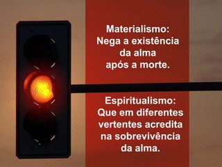 Materialismo:
Nega a existência
da alma
após a morte.
Espiritualismo:
Que em diferentes
vertentes acredita
na sobrevivência
da alma.
 