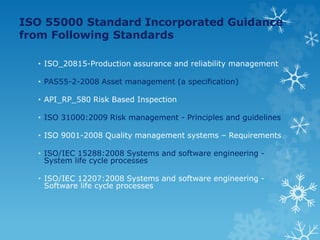 ISO 55000 Standard Incorporated Guidance
from Following Standards
• ISO_20815-Production assurance and reliability management
• PAS55-2-2008 Asset management (a specification)
• API_RP_580 Risk Based Inspection
• ISO 31000:2009 Risk management - Principles and guidelines
• ISO 9001-2008 Quality management systems – Requirements
• ISO/IEC 15288:2008 Systems and software engineering -
System life cycle processes
• ISO/IEC 12207:2008 Systems and software engineering -
Software life cycle processes
 