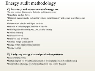 Energy audit methodology
C) Inventory and measurement of energy use
The most common data measured during the auditing process are:
•Liquid and gas fuel flows
•Electrical measurements, such as the voltage, current intensity and power, as well as power
factor
•Temperatures of solid and liquid surfaces
•Pressure of fluids in pipes, furnaces or vessels
•Exhaust gases emissions (CO2, CO, O2 and smoke)
•Relative humidity
•Luminance levels
•Electrical load inventory
•Thermal energy use inventory
•Energy system-specific measurements
•Energy balance
D) Analyzing energy use and production patterns
•Load/Demand profile
•Scatter diagram for presenting the dynamics of the energy-production relationship
•Interpretation of energy-production data pattern on a scatter diagram
 