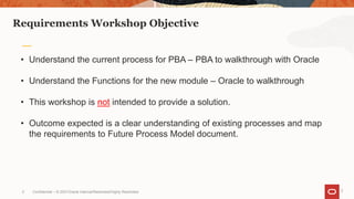 2
Requirements Workshop Objective
Confidential – © 2021Oracle Internal/Restricted/Highly Restricted
2
• Understand the current process for PBA – PBA to walkthrough with Oracle
• Understand the Functions for the new module – Oracle to walkthrough
• This workshop is not intended to provide a solution.
• Outcome expected is a clear understanding of existing processes and map
the requirements to Future Process Model document.
 