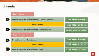 3
Agenda
1
2
3
4
Enterprise Asset management - Introduction
Overview on key functions.
Enterprise Asset Management Flow
Enterprise Asset Maintenance – Current process
Confidential – © 2021Oracle Internal/Restricted/Highly Restricted
3
Day 1- Session
02.30 PM to 03.30 PM
01:00 PM to 02.30 PM
02.30 PM to 03.30 PM
Lunch Break
11.00 AM to 1.00 PM
Day 2- Session
Lunch Break 01:00 PM to 02.30 PM
11.00 AM to 1.00 PM
 