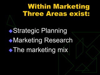Within Marketing
Three Areas exist:
Strategic Planning
Marketing Research
The marketing mix
 