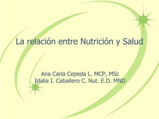 La relación entre Nutrición y Salud Ana Carla Cepeda L. MCP, MSc Idalia I. Caballero C. Nut. E.D. MND 