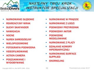 Copyright IAND Inc. dba IANTD 1985 - 2016 Prezentacja kursu wersja: 16.5.7
 NURKOWANIE GŁĘBOKIE
 REKREACYJNY WRAK
 SUCHY SKAFANDER
 NAWIGACJA
 NOCNE
 NUREK SAMODZIELNY
 WIELOPOZIOMOWE
 FOTOGRAFIA PODWODNA
 VIDEOFILMOWANIE
 ACTION CAMERA
 POSZUKIWANIE I
WYDOBYWANIE
21
 NURKOWANIE W PRĄDZIE
 NURKOWANIE Z ŁODZI
 PODWODNY PRZYRODNIK
 PODWODNY AKTOR
 PODWODNE
MODELOWANIE
 NURKOWANIE Z PLAŻY
 DZIAŁANIE KOMORY
HIPERBARYCZNEJ
 NURKOWANIE SURFACE
SUPPLIED
 SNORKELING
 