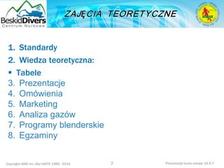 Copyright IAND Inc. dba IANTD 1985 - 2016 Prezentacja kursu wersja: 16.5.7
1. Standardy
2. Wiedza teoretyczna:
 Tabele
3. Prezentacje
4. Omówienia
5. Marketing
6. Analiza gazów
7. Programy blenderskie
8. Egzaminy
7
 