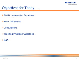 Objectives for Today….. E/M Documentation Guidelines E/M Components Consultations Teaching Physician Guidelines Q&A 06/11/11 
