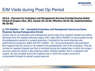 E/M Visits during Post Op Period 30.6.6 - Payment for Evaluation and Management Services Provided During Global Period of Surgery (Rev. 954, Issued: 05-19-06, Effective: 06-01-06, Implementation: 08-20-06)   A. CPT Modifier  “ -24 ”  - Unrelated Evaluation and Management Service by Same Physician During Postoperative Period  Carriers pay for an evaluation and management service other than inpatient hospital care before discharge from the hospital following surgery (CPT codes 99221-99238) if it was provided during the postoperative period of a surgical procedure, furnished by the same physician who performed the procedure, billed with CPT modifier  “ -24, ”  and accompanied by documentation that supports that the service is not related to the postoperative care of the procedure. They do not pay for inpatient hospital care that is furnished during the hospital stay in which the surgery occurred unless the doctor is also treating another medical condition that is unrelated to the surgery. All care provided during the inpatient stay in which the surgery occurred is compensated through the global surgical payment  06/11/11 