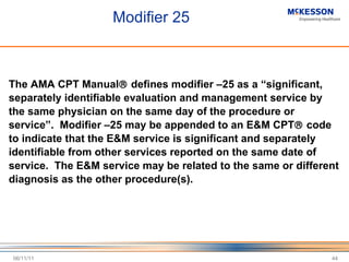 Modifier 25 The AMA CPT Manual   defines modifier –25 as a  “significant, separately identifiable evaluation and management service by the same physician on the same day of the procedure or service”.  Modifier –25 may be appended to an E&M CPT   code to indicate that the E&M service is significant and separately identifiable from other services reported on the same date of service.  The E&M service may be related to the same or different diagnosis as the other procedure(s).  06/11/11 