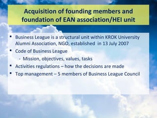 Acquisition of founding members and
foundation of EAN association/HEI unit
 Business League is a structural unit within KROK University
Alumni Association, NGO, established in 13 July 2007
 Code of Business League
- Mission, objectives, values, tasks
 Activities regulations – how the decisions are made
 Top management – 5 members of Business League Council
 