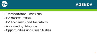 AGENDA
• Transportation Emissions
• EV Market Status
• EV Economics and Incentives
• Accelerating Adoption
• Opportunities and Case Studies
2
 