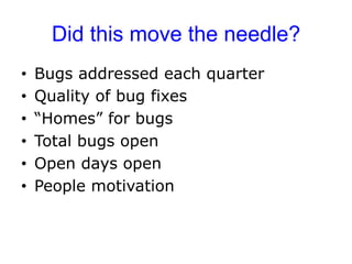 Did this move the needle? 
• Bugs addressed each quarter 
• Quality of bug fixes 
• “Homes” for bugs 
• Total bugs open 
• Open days open 
• People motivation 
 