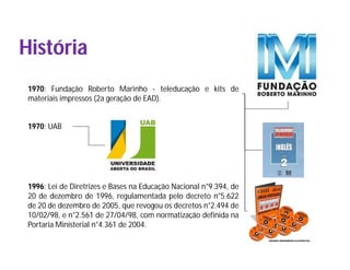 História
 1970: Fundação Roberto Marinho - teleducação e kits de
 materiais impressos (2a geração de EAD).


 1970: UAB




 1996: Lei de Diretrizes e Bases na Educação Nacional n°9.394, de
 20 de dezembro de 1996, regulamentada pelo decreto n°5.622
 de 20 de dezembro de 2005, que revogou os decretos n°2.494 de
 10/02/98, e n°2.561 de 27/04/98, com normatização definida na
 Portaria Ministerial n°4.361 de 2004.
 