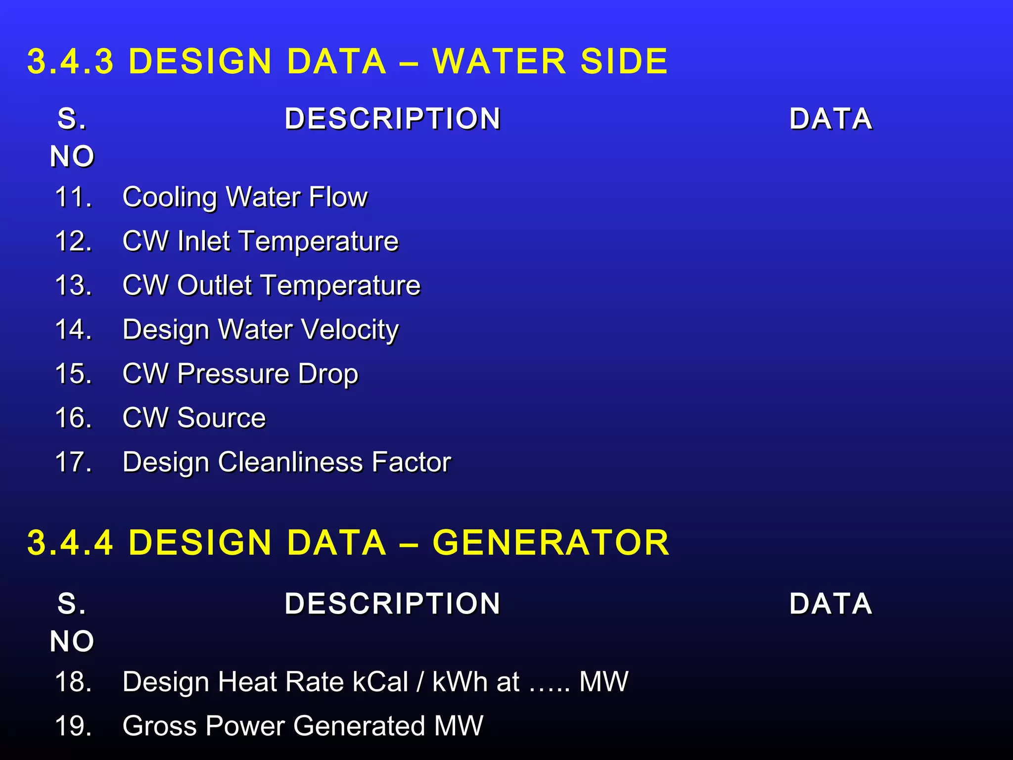 3.4.3 DESIGN DATA – WATER SIDE
 S.              DESCRIPTION                 DATA
 NO
 11. Cooling Water Flow
 12. CW Inlet Temperature
 13. CW Outlet Temperature
 14. Design Water Velocity
 15. CW Pressure Drop
 16. CW Source
 17. Design Cleanliness Factor

3.4.4 DESIGN DATA – GENERATOR
 S.              DESCRIPTION                 DATA
 NO
 18. Design Heat Rate kCal / kWh at ….. MW
 19. Gross Power Generated MW
 