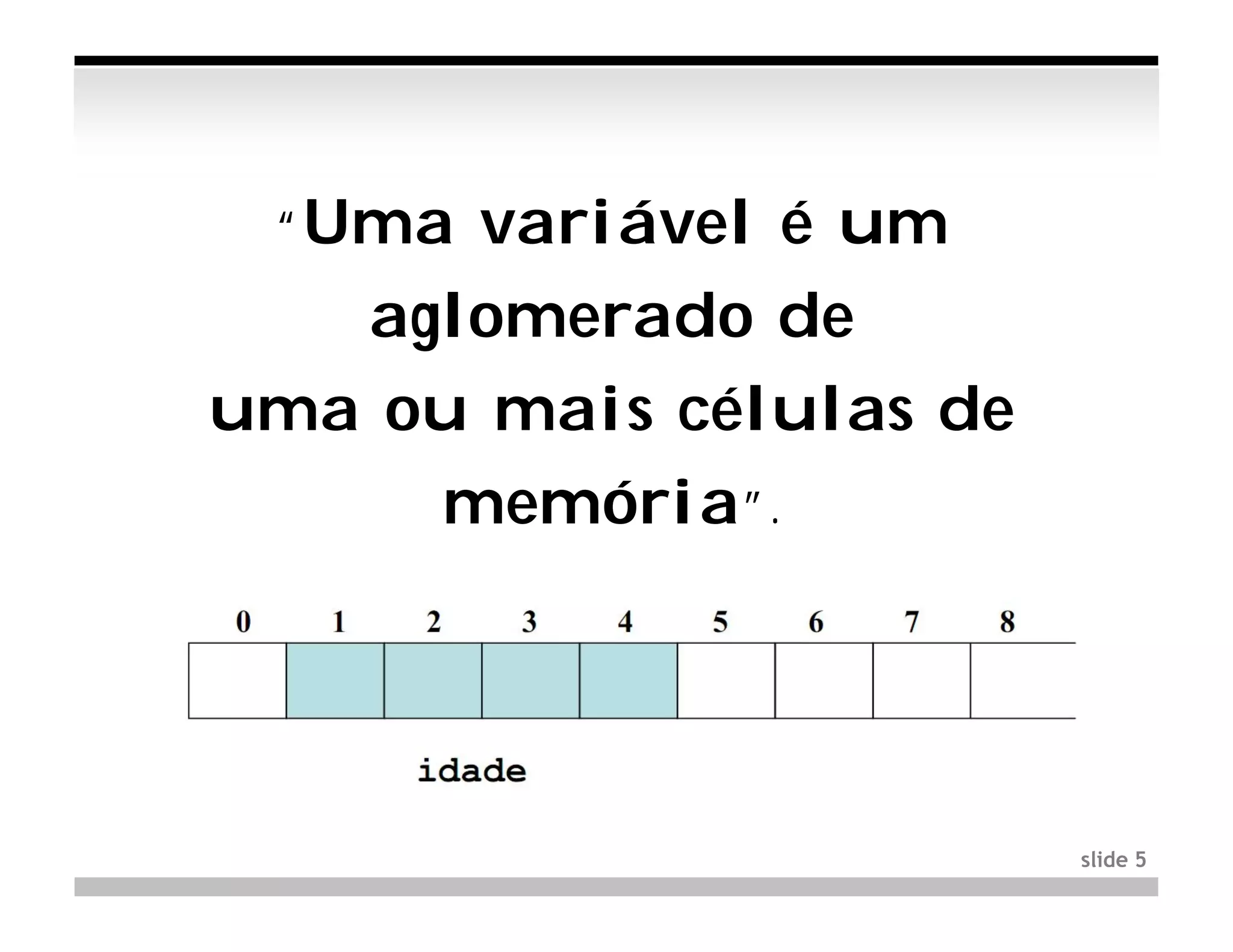 “Uma variável é um
   aglomerado de
uma ou mais células de
     memória”.




                         slide 5
 