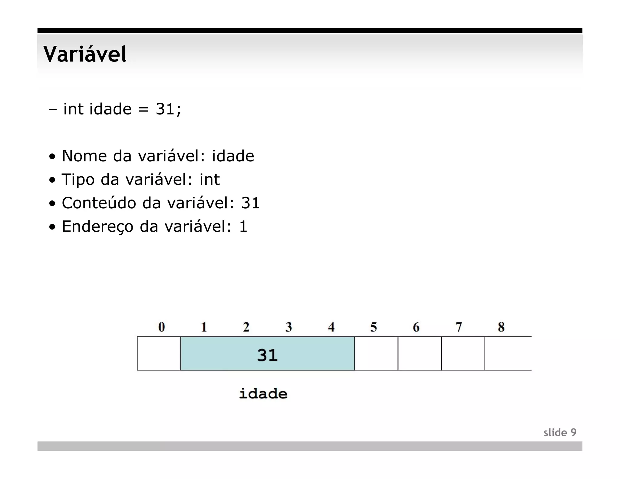 Variável

– int idade = 31;


• Nome da variável: idade
• Tipo da variável: int
• Conteúdo da variável: 31
• Endereço da variável: 1




                             slide 9
 