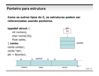 Ponteiro para estrutura

Como os outros tipos do C, as estruturas podem ser
referenciadas usando ponteiros.


typedef struct {
   int numero;
   char nome[10];
   float saldo;
} conta;
conta conta1;
conta *ptr;
ptr = &conta1;




                                                     slide 33
 