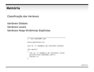 Memória

Classificação das Variáveis


Variáveis Globais
Variáveis Locais
Variáveis Heap-Dinâmicas Explícitas




                                      slide 62
 