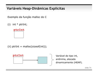 Variáveis Heap-Dinâmicas Explícitas

Exemplo da função malloc do C


(i) int * ptrInt;




(ii) ptrInt = malloc(sizeof(int));


                                     Variável do tipo int,
                                     anônima, alocada
                                     dinamicamente (HEAP).

                                                             slide 74
 