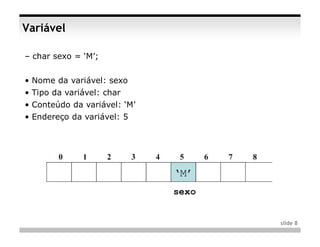 Variável

– char sexo = ‘M’;


• Nome da variável: sexo
• Tipo da variável: char
• Conteúdo da variável: ‘M’
• Endereço da variável: 5




                              slide 8
 