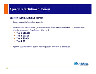 Agency Establishment Bonus

     AGENCY ESTABLISHMENT BONUS
       Bonus payout is based on your tier
             p y                y

       Your tier will be based on your cumulative production in months 1 – 3 relative to 
       your baseline cash flow for months 1 – 3
           Tier 1: $10,000
           Ti 1 $10 000
           Tier 2: $7,500
           Tier 3: $5,000
           Tier 4: $0
           Tier 4: $0

       Agency Establishment Bonus will be paid in month 4 of affiliation




19
 