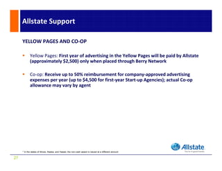 Allstate Support 

     YELLOW PAGES AND CO‐OP

            Yellow Pages: First year of advertising in the Yellow Pages will be paid by Allstate 
            (approximately $2,500) only when placed through Berry Network

            Co‐op: Receive up to 50% reimbursement for company‐approved advertising
                   Receive up to 50% reimbursement for company‐approved advertising 
            expenses per year (up to $4,500 for first‐year Start‐up Agencies); actual Co‐op 
            allowance may vary by agent




     * In the states of Illinois, Alaska, and Hawaii, the non-cash award is valued at a different amount

27
 