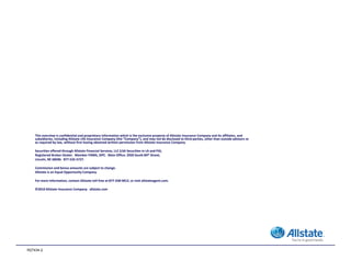 This overview is confidential and proprietary information which is the exclusive property of Allstate Insurance Company and its affiliates, and 
    subsidiaries, including Allstate Life Insurance Company (the “Company”), and may not be disclosed to third parties, other than outside advisors or 
    as required by law, without first having obtained written permission from Allstate Insurance Company.  

    Securities offered through Allstate Financial Services, LLC (LSA Securities in LA and PA). 
                            g                                   (                           )
    Registered Broker‐Dealer.  Member FINRA, SIPC.  Main Office: 2920 South 84th Street, 
    Lincoln, NE 68506.  877‐525‐5727.  

    Commission and bonus amounts are subject to change.
    Allstate is an Equal Opportunity Company.

    For more information, contact Allstate toll‐free at 877‐258‐9012, or visit allstateagent.com.

    ©2010 Allstate Insurance Company.  allstate.com 




R27434-2
 