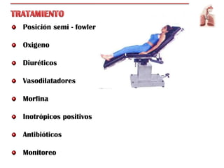 Posición semi - fowler

Oxigeno

Diuréticos

Vasodilatadores

Morfina

Inotrópicos positivos

Antibióticos

Monitoreo
 
