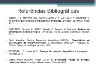 Referências Bibliográficas
• CROTI, U. A.; MATTOS, S.S.; PINTO JÚNIOR, V. C.; AIELLO, V. D.; MOREIRA, V.
M. Cardiologia e Cirurgia Cardiovascular Pediátrica. 2ª edição. São Paulo: Roca;
2012
• SMELTZER, Suzane C.; BARE, Brenda G. Brunner & Suddarth: Tratado de
enfermagem médico-cirúrgica. 12ª edição. Rio de Janeiro: Guanabara Koogan,
2012.
• North American Nursing Diagnosis Association (NANDA). Diagnósticos de
Enfermagem da NANDA: Definições e classificação 2009-2011. Tradução de
Cristina Correa. Porto Alegre: Artmed, 2009.
• PEDROSA, L.C.; Júnior W.O.: Doenças do coração diagnóstico e tratamento.
Revinter, 2011.
• LIBBY, Peter; BONOW, Robert O.; et al.: Braunwald Tratado de doenças
cardiovasculares. 8ª edição. Rio de Janeiro: Elsevier, 2010.
 