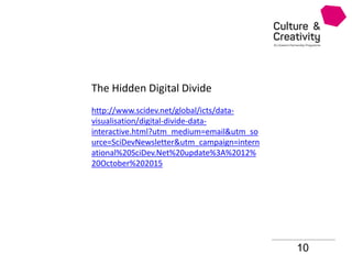 10
http://www.scidev.net/global/icts/data-
visualisation/digital-divide-data-
interactive.html?utm_medium=email&utm_so
urce=SciDevNewsletter&utm_campaign=intern
ational%20SciDev.Net%20update%3A%2012%
20October%202015
The Hidden Digital Divide
 