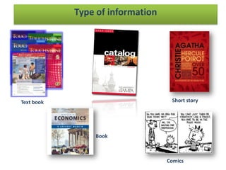 Type of information




Text book                          Short story




                Book



                                  Comics
 
