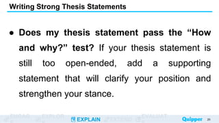 ENGAG EXPLOR
EXPLAIN EXTEND
EVALUAT
● Does my thesis statement pass the “How
and why?” test? If your thesis statement is
still too open-ended, add a supporting
statement that will clarify your position and
strengthen your stance.
Writing Strong Thesis Statements
20
 