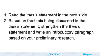 ENGAG EXPLOR
EXPLAIN EXTEND
EVALUAT
1. Read the thesis statement in the next slide.
2. Based on the topic being discussed in the
thesis statement, strengthen the thesis
statement and write an introductory paragraph
based on your preliminary research.
31
 