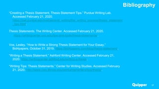 Bibliography
37
“Creating a Thesis Statement, Thesis Statement Tips.” Purdue Writing Lab.
Accessed February 21, 2020.
https://owl.purdue.edu/owl/general_writing/the_writing_process/thesis_statement
_tips.html.
Thesis Statements. The Writing Center. Accessed February 21, 2020.
https://writingcenter.unc.edu/tips-and-tools/thesis-statements/.
Vos, Lesley. “How to Write a Strong Thesis Statement for Your Essay.”
Bid4papers, October 31, 2019. https://bid4papers.com/blog/thesis-statement/.
“Writing a Thesis Statement.” Ashford Writing Center. Accessed February 21,
2020. https://writingcenter.ashford.edu/writing-a-thesis.
“Writing Tips: Thesis Statements.” Center for Writing Studies. Accessed February
21, 2020. http://www.cws.illinois.edu/workshop/writers/tips/thesis/.
 
