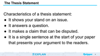 ENGAG EXPLOR
EXPLAIN EXTEND
EVALUAT
Characteristics of a thesis statement:
● It shows your stand on an issue.
● It answers a question.
● It makes a claim that can be disputed.
● It is a single sentence at the start of your paper
that presents your argument to the readers.
The Thesis Statement
6
 