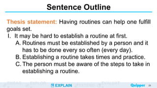 ENGAG EXPLOR
EXPLAIN EXTEND
EVALUAT
Sentence Outline
Thesis statement: Having routines can help one fulfill
goals set.
I. It may be hard to establish a routine at first.
A. Routines must be established by a person and it
has to be done every so often (every day).
B. Establishing a routine takes times and practice.
C. The person must be aware of the steps to take in
establishing a routine.
23
 
