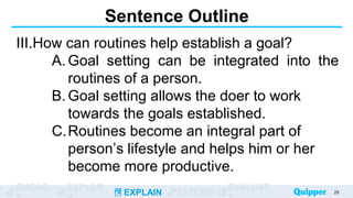 ENGAG EXPLOR
EXPLAIN EXTEND
EVALUAT
Sentence Outline
III.How can routines help establish a goal?
A. Goal setting can be integrated into the
routines of a person.
B. Goal setting allows the doer to work
towards the goals established.
C.Routines become an integral part of
person’s lifestyle and helps him or her
become more productive.
25
 