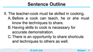 ENGAG EXPLOR
EXPLAIN EXTEND
EVALUAT
Sentence Outline
II. The teacher-cook must be skilled in cooking.
A. Before a cook can teach, he or she must
know the techniques to share.
B. Having skills to cook is necessary for
accurate demonstration.
C.There is an opportunity to share shortcuts
and techniques to others as well.
28
 