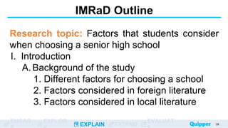 ENGAG EXPLOR
EXPLAIN EXTEND
EVALUAT
IMRaD Outline
Research topic: Factors that students consider
when choosing a senior high school
I. Introduction
A. Background of the study
1. Different factors for choosing a school
2. Factors considered in foreign literature
3. Factors considered in local literature
39
 