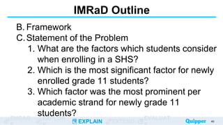 ENGAG EXPLOR
EXPLAIN EXTEND
EVALUAT
IMRaD Outline
B. Framework
C.Statement of the Problem
1. What are the factors which students consider
when enrolling in a SHS?
2. Which is the most significant factor for newly
enrolled grade 11 students?
3. Which factor was the most prominent per
academic strand for newly grade 11
students?
40
 