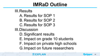 ENGAG EXPLOR
EXPLAIN EXTEND
EVALUAT
IMRaD Outline
III.Results
A. Results for SOP 1
B. Results for SOP 2
C.Results for SOP 3
III.Discussion
D.Significant results
E. Impact on grade 10 students
F. Impact on private high schools
G.Impact on future researchers
42
 