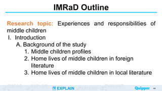 ENGAG EXPLOR
EXPLAIN EXTEND
EVALUAT
IMRaD Outline
Research topic: Experiences and responsibilities of
middle children
I. Introduction
A. Background of the study
1. Middle children profiles
2. Home lives of middle children in foreign
literature
3. Home lives of middle children in local literature
44
 